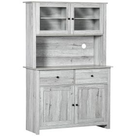 63.5" Kitchen Pantry Cabinet Storage with Hutch, 4 Shelves, Drawers, Glass Doors, Open Microwave Countertop, Ash Gray