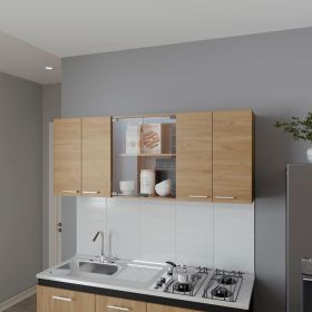 Natural Oak Wall Cabinet Kitchen in Melamine with 4-Door and Glass Storage