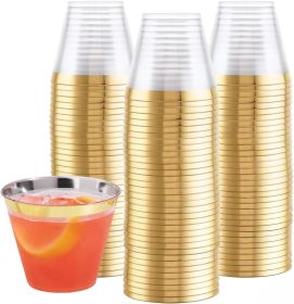 100-Pack 9oz Gold Rimmed Plastic Cups Disposable Wine Glasses for Charcuterie, Weddings, Parties