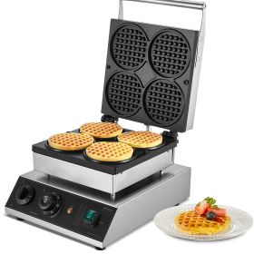 VEVOR Commercial Waffle Maker, 4PCS Round Waffle Baker Machine,1750W Non-Stick Stainless Steel Belgian Waffle Iron with Temperature and Time Cont
